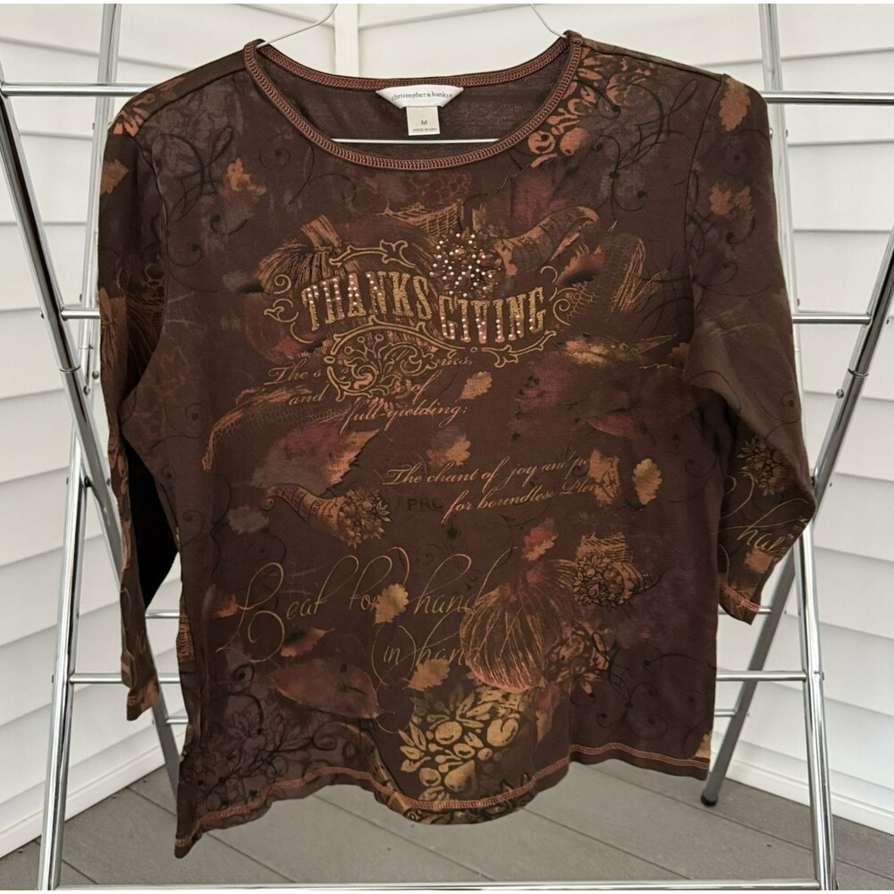 Christopher & Banks Women's M Thanksgiving Shirt 3/4 Sleeve Brown Top Bling